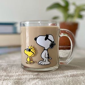 Snoopy & Woodstock 12oz Clear Glass Coffee Mug Tea Cup yellow and white